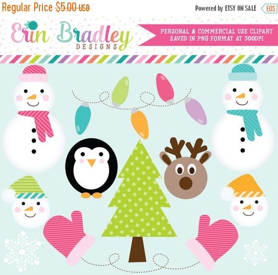 80% OFF SALE Snowman Holiday Clipart Christmas Tree Christmas Lights Penguin Mittens & Reindeer Digital Clip Art Graphics Il_570xn
