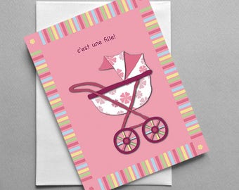C'est une fille, French new baby card, New baby, Baby girl, Stroller, Baby shower
