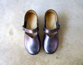 Vintage SVEN Swedish Clogs Leather Wooden Clogs Wood Heal Sandals Buckled Clogs Metallic Iridescent Grey Purple Leather Clogs Womens EUR 40