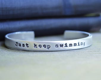 Just Keep Swimming Bracelet - Nautical Cuff - Motivational Bracelet - Nautical Jewelry - Gifts Under 20