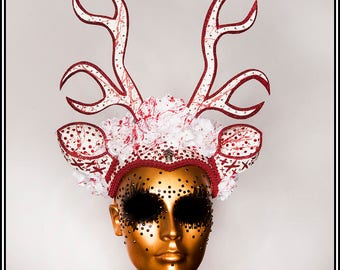 This Little Deer... Bloody Deer Headdress with Deer Ears and Antlers In White With Red Acccents and Rhinestones