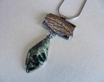 Pendant of Stunning Russian Seraphinite and Cast Viburnum Leaf in Oxidized Sterling Silver