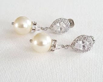 Gold Wedding Pearl Earrings, CZ & Pearl Bridal Earrings, Rose Gold Wedding Jewelry, Pearl Wedding Earrings