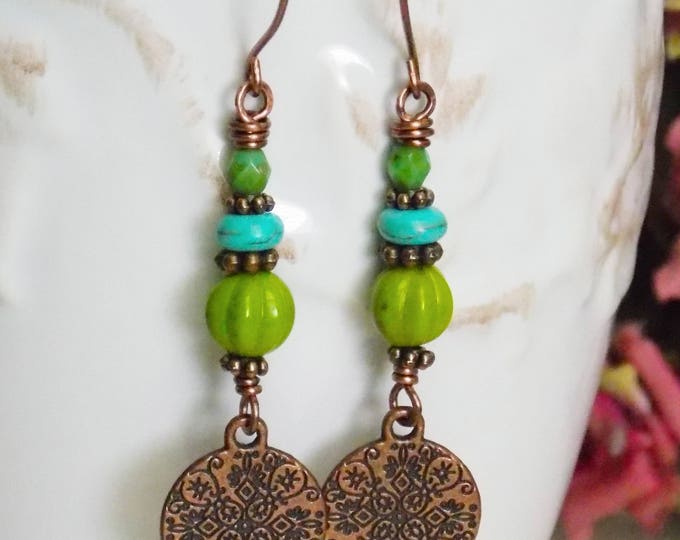 Copper Dangle Charm Earrings Turquoise Blue Green Czech Glass Bead Earrings Long Rustic Oxidized Copper Boho Earthy Woodland Jewelry Gift
