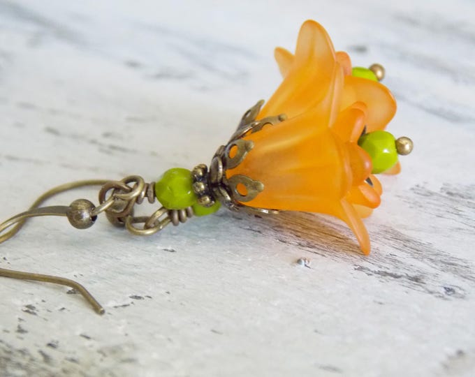 Orange Earrings Tulip Flower Bell Lucite Earrings Filigree Brass Czech Glass Green Chartreuse Papaya Floral Earrings Light Gift For her