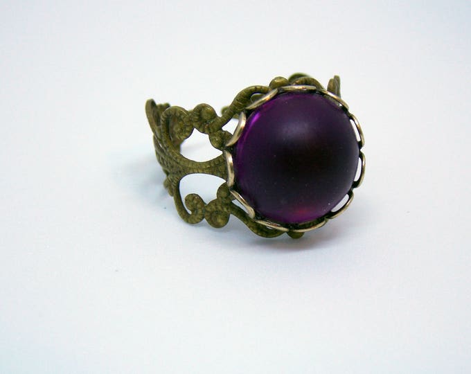 Vintage Purple Lucite Cabochon Antique Style Adjustable Ring Victorian Renaissance Brass Rustic Filigree Statement Art Nouveau Ring