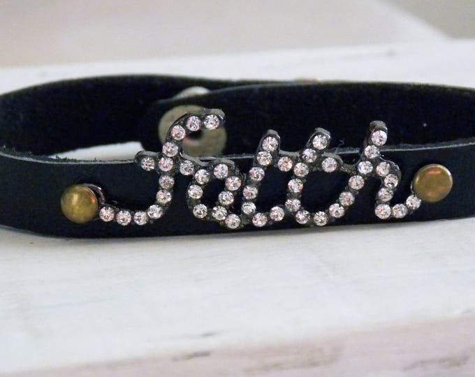 Black Leather Bracelet-Rhinestone Faith Bracelet- Adjustable Leather Bracelet- Faith Christian Jewelry