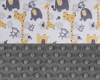 SALE Animal Minky Baby Blanket, Personalized Baby Blanket - Gray Yellow Elephant Giraffe Stroller Blanket - Nursery Decor / Elephant Blanke