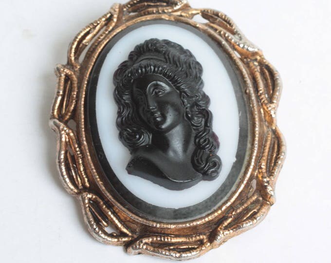 Black Glass High Relief Cameo Molded Glass Gold Tone Frame Vintage