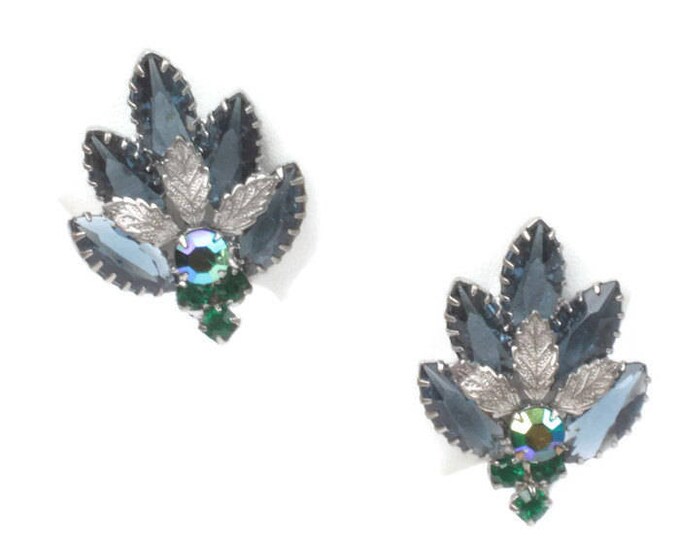 Blue Green AB Rhinestone Earrings Silver Leaves Clip On Vintage