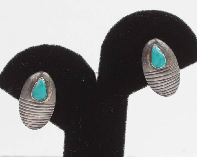Sterling and Faux Turquoise Earrings Oval Ridged Design Screw Back Vintage