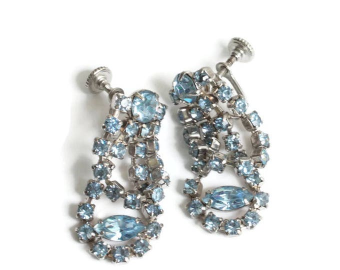 Blue Rhinestone Earrings Draped Dangle Screw Backs Vintage