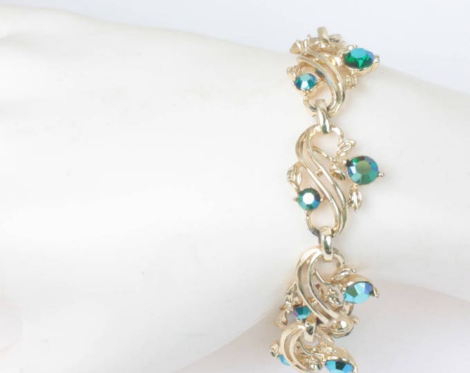 Vintage Green Aurora Borealis Rhinestone Bracelet Swirled Design Bracelet Gold Tone Metal