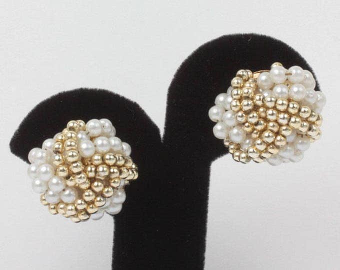 Gold and Pearl Beaded Earrings Simulated Pearl Clip Style Vintage