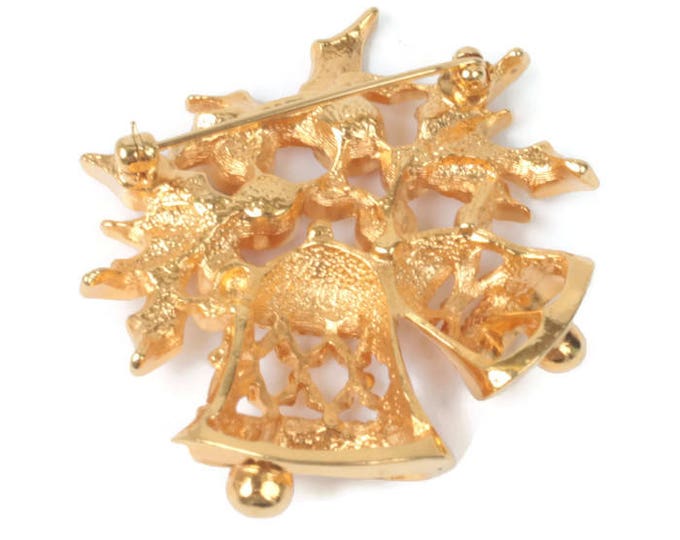 Rhinestone Christmas Bell Brooch Avon Joyous Bells Gold Tone Holiday