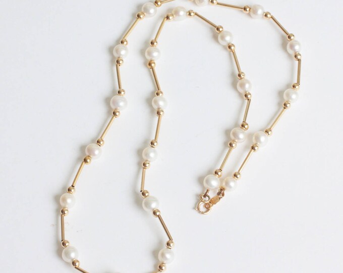 14K Gold Cultured Pearl Station Necklace Bridal Gift Vintage