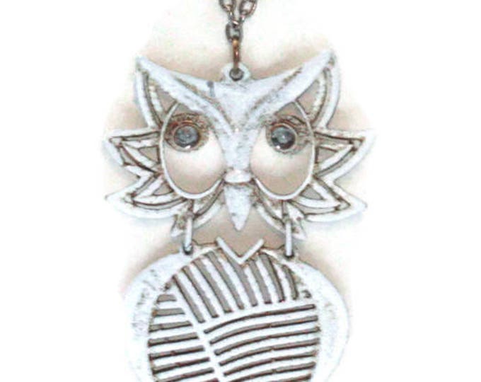 Enameled Owl Pendant Necklace Hinged Articulated Off White Enamel Boho 1970s