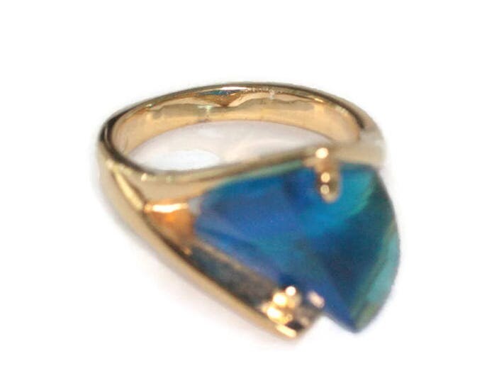 Blue Glass Statement Ring 18K GE Modernist Avant Garde Gold Tone Setting Size 8