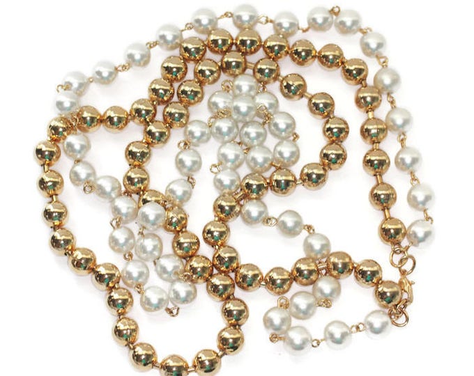 Simulated Pearl and Gold Tone Bead Necklace Two Strand Longer Length Vintage