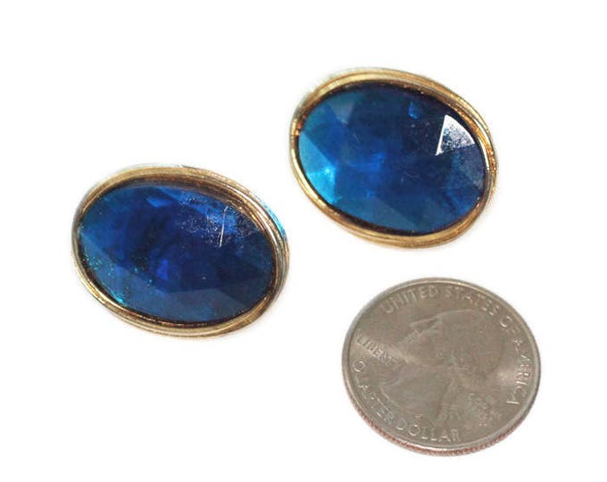 Blue Oval Clip On Earrings Gold Tone Large Chunky Bold Vintage