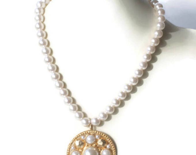 Long Faux Pearl Necklace with Chunky Medallion Pendant 36 Inch Necklace