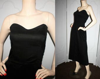 Vintage 50's Strapless Cotton Dress in Black with Sweetheart Neckline. Small to Medium.