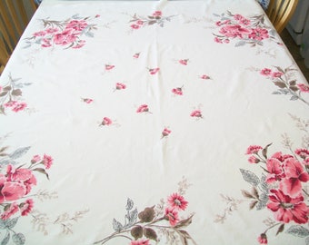 Vintage Linen Tablecloth, Pink, Floral