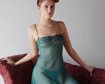 sheer lingerie set with lace trimmed nightgown and tanga thong JESTER - made to order