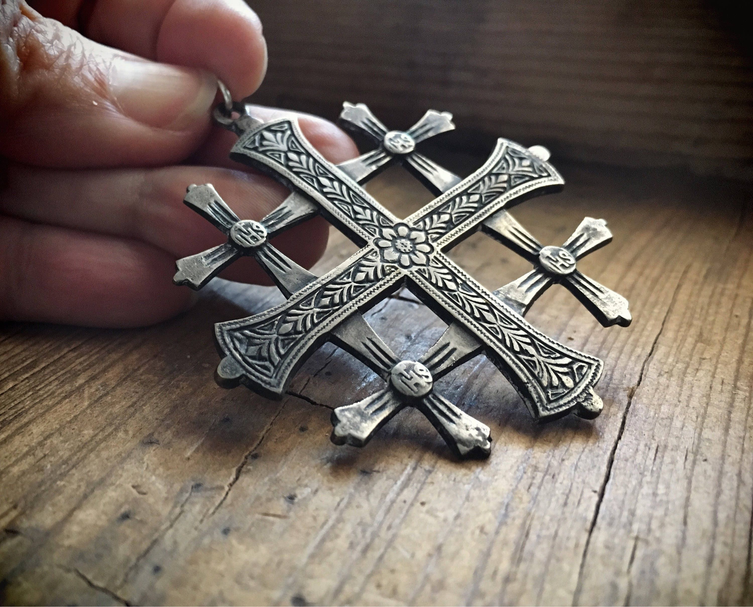 Large Silver Jerusalem Cross Pendant, Silver Cross Crusaders Cross