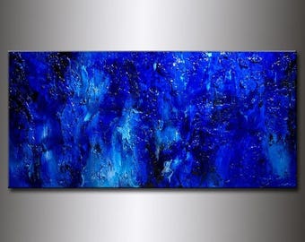 Original Textured BLUE Abstract Painting, Contemporary Modern fine art by Henry Parsinia Large 48x24