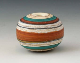 Southwest Chunky Hollow Focal- (1) Handmade Lampwork Beads - Terracotta, Teal and Ivory - Ethced, Matte