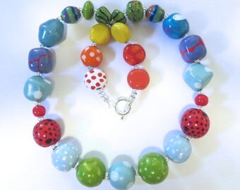 Kazuri Bead Necklace, Rainbow Colored Necklace, Fair Trade Beads, Ceramic Jewelry