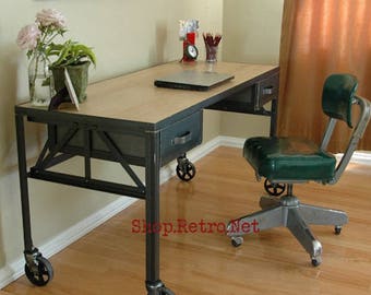 Royston French Industrial Desk on Casters / Vintage Work Table / Office Furniture