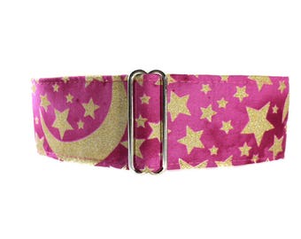 2 inch Martingale Collar, Sun Moon Stars Martingale Collar, Sun Moon Stars Dog Collar, Pink and Gold, Wide Dog Collar, Greyhound Collar