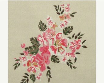 ON SALE Cotton Fabric By The Yard - Pink and Green Floral Print on Beige - 1 yard - ctnp215