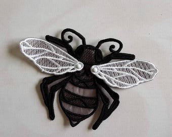 UK Black and gold jeweled Gothic lace giant flying bee applique, necklace, choker centerpiece, brooch, pin hand made
