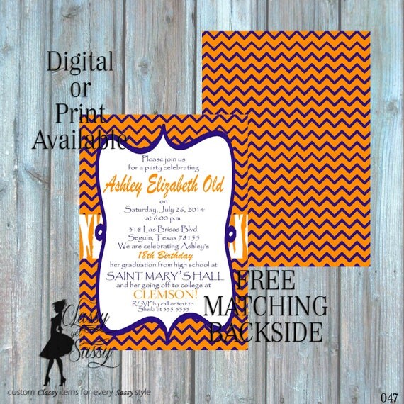 Orange and blue Invitation, Tiger Invitation, Clemson invitation, pawprint birthday invitation 047