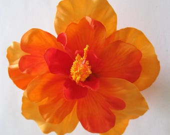 4.5" Tropical Orange Tangerine Hibiscus Poly Silk Flower Hair Clip