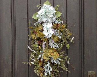 Spring Wreath-Summer Wreath-Teardrop Twig Door Swag Vertical Decor-Teal/Blue Berries-Hydrangeas-Indoor/Outdoor Decoration-Artificial Floral