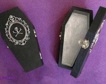 6" Casket Coffin Small Pet Trinket Stash Box Rings Black Shiny Silver Metal Skull Crossbones Surreal Dark Jewel Tones Art by LadyAlchemy13