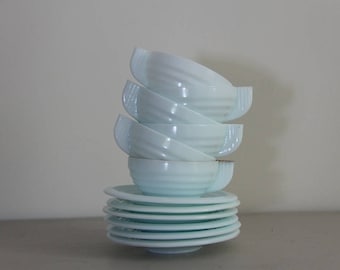 French Vintage Milk Glass Cups and Saucers Art Deco Pale Blue SET OF 6