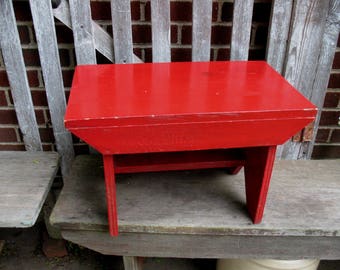 Vintage Wood Stool Bench Large Foot Step Stool, Plant Stand Red