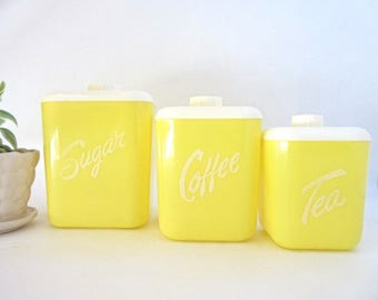 Vintage 1960s Canister Set LustreWare USA Plastic Yellow White Set of Three