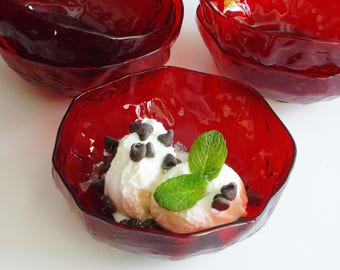 Vintage, Morgantown Crinkle, Glass Bowl, Ruby Red, Seneca Driftwood, Crinkleware, Finger Bowl, Salad, Dessert, Red, Collectible, Set of 5
