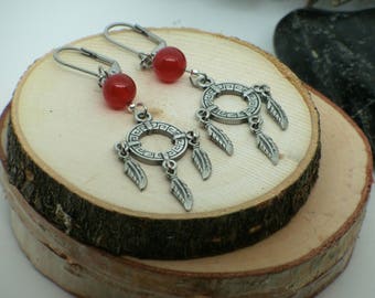 Roue médecine//cercle de vie//boucles d'oreilles rouge// amérindienne//étain//porte bonheur//native earring// medecin wheel// cercle of life