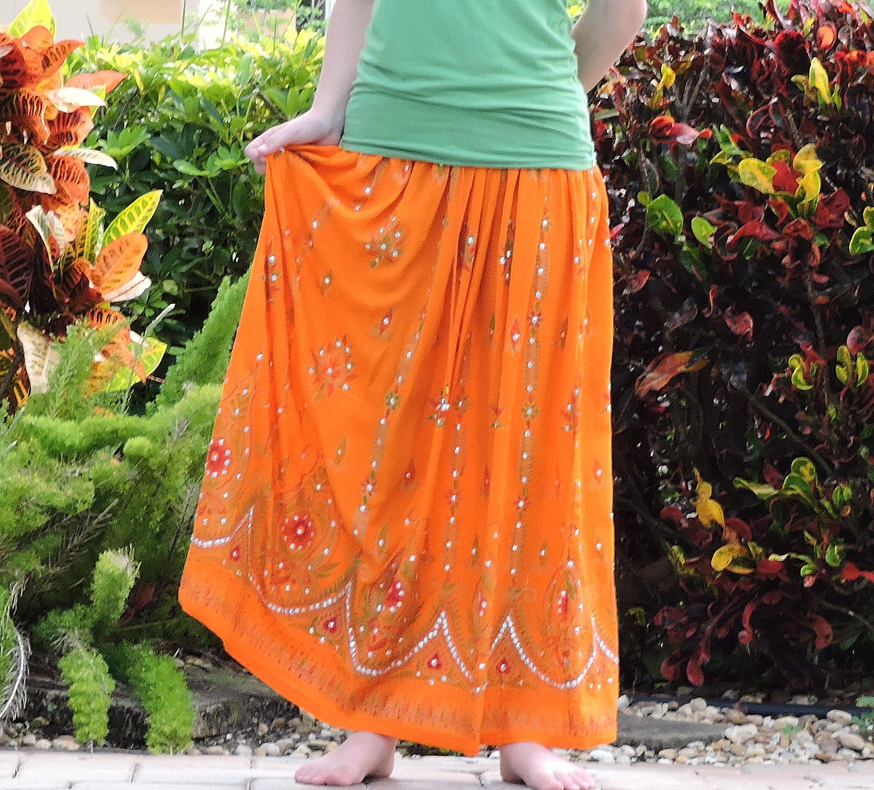 Gypsy Skirt: Orange Maxi Skirt Long Sequin Skirt Bohemian