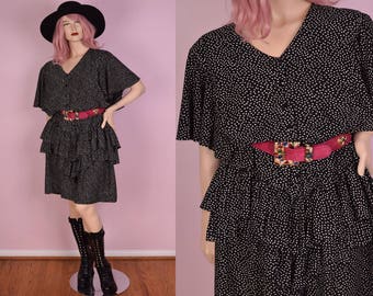 80s Black and White Polka Dot Ruffled Dress/ XXXL/ 1980s