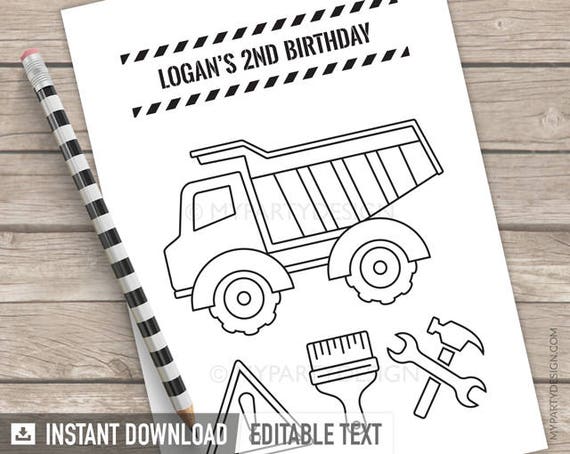 Construction Party Colouring Page - Truck Party Activity - Favors - Boy Birthday Party - INSTANT DOWNLOAD - Printable PDF with Editable Text Il_570xn