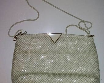 SUMMER CLEARANCE SALE 70s-Beige Mesh Metal Shoulder Bag-10"x6"-Office Special Day Event Mod Disco Era Glam Hipster