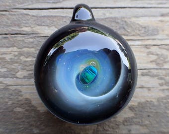 Blue Hand blown glass pendant necklace, galaxy pendant, glass jewelry, Blue pendant, trippy glass pendant, unique pendant for her